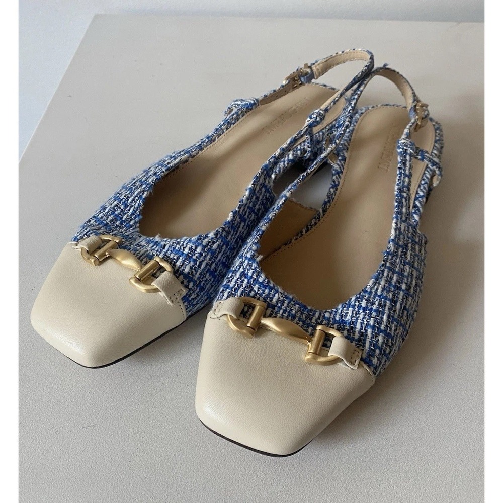 J.Mclaughlin Calista Slingback Women's 8.5 Blue Tweed Horsebit Cap Toe Flats
